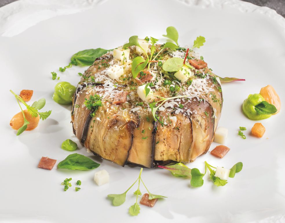 Pastel cuajado de berenjena y calabacín